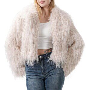Women's Fur Coats Cropped Faux Fuzzy Warm Jacket Fluffy Fall Coat Apricot